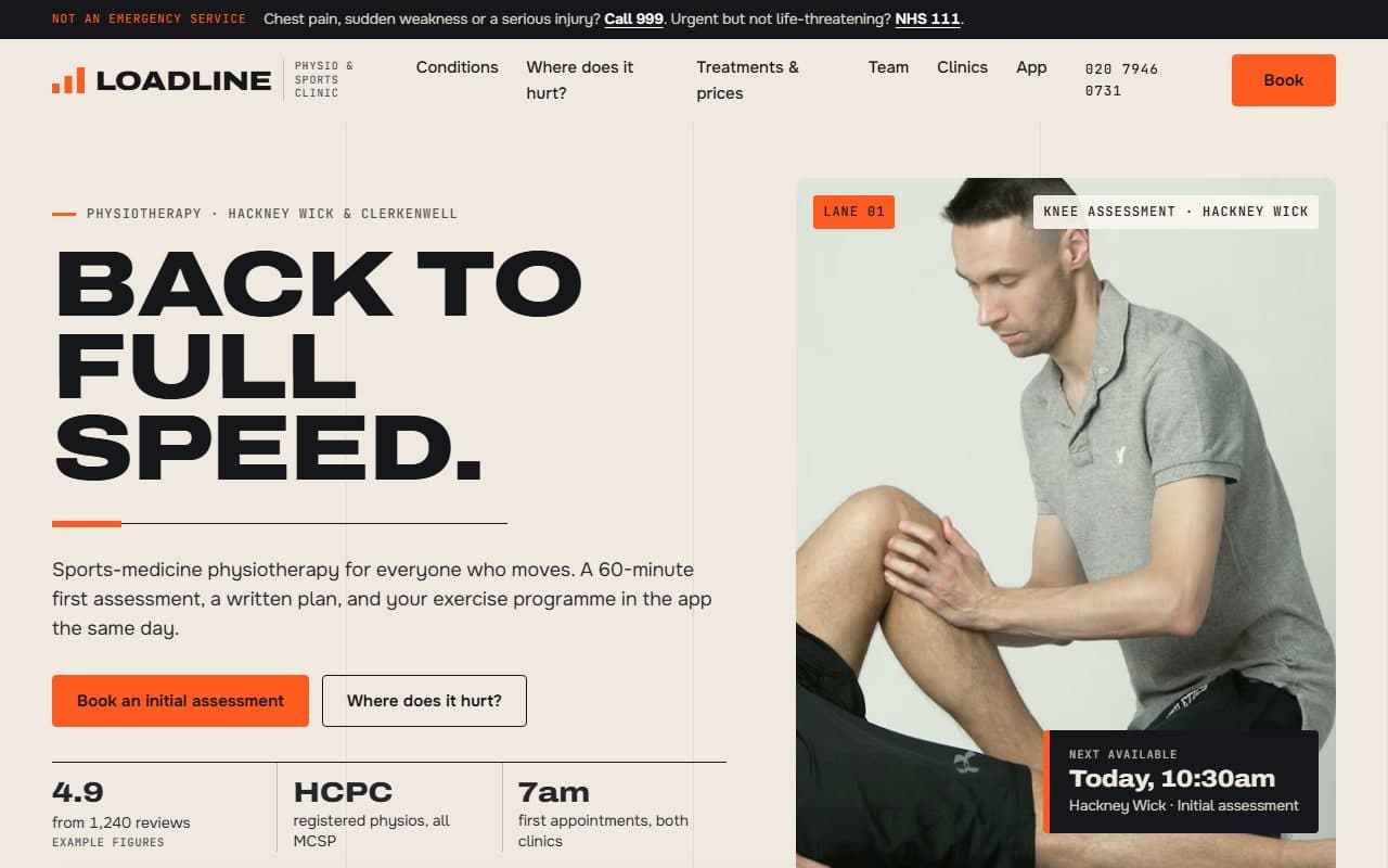 Screenshot of the Loadline Physio concept website