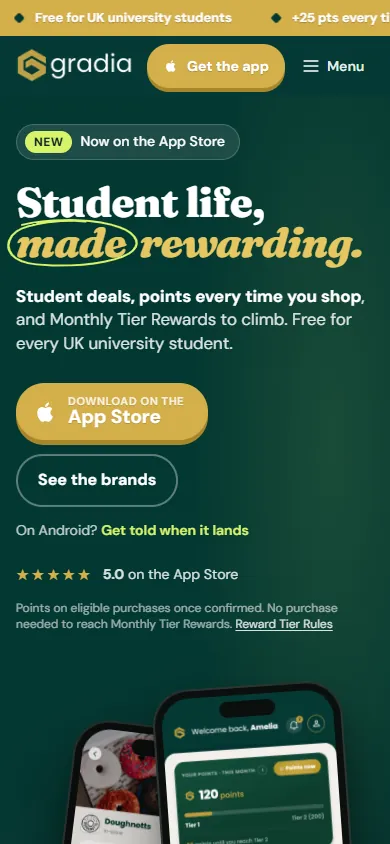 The Gradia homepage on a phone