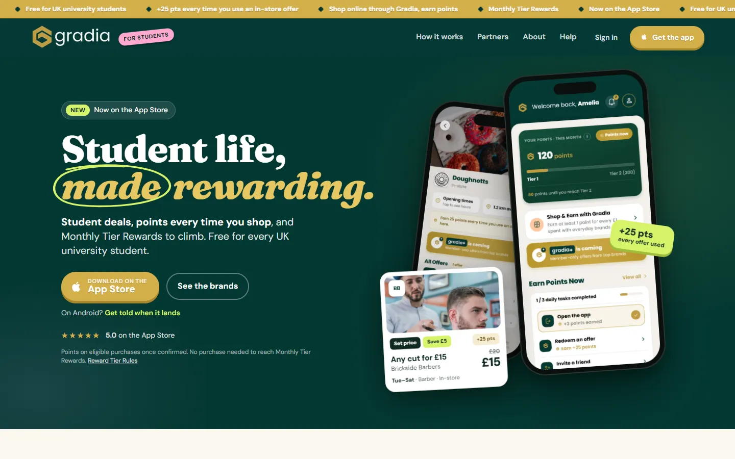 The Gradia homepage: 'Student life, made rewarding', with the app shown on two phones