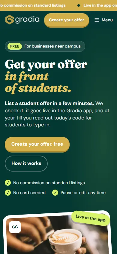 Gradia's page for businesses on a phone