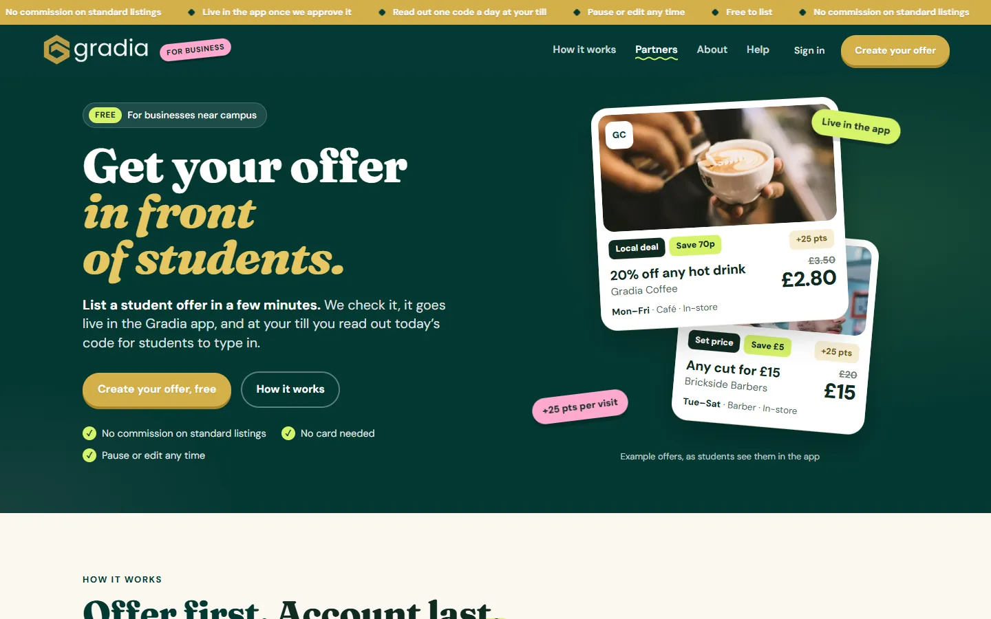 Gradia's page for businesses: 'Get your offer in front of students', with example offer cards