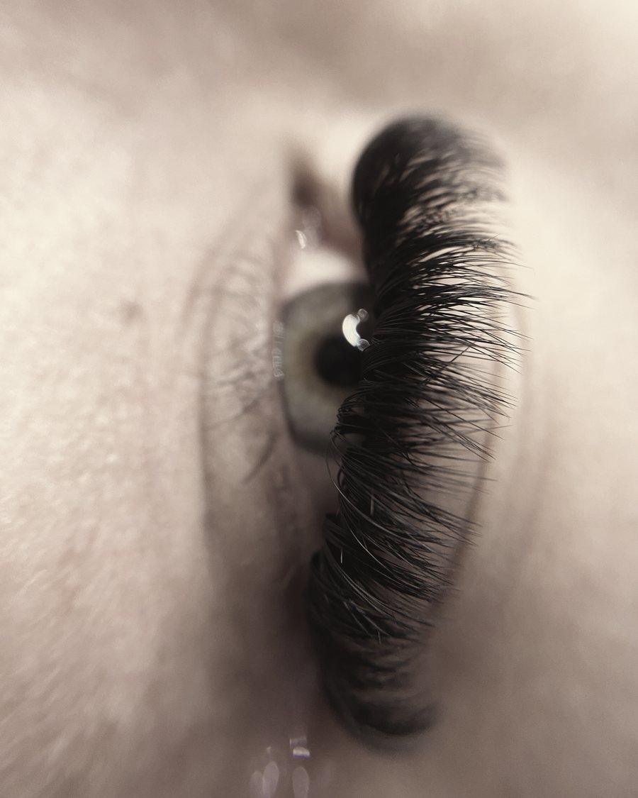 Macro of a dense, dark lash line with extensions