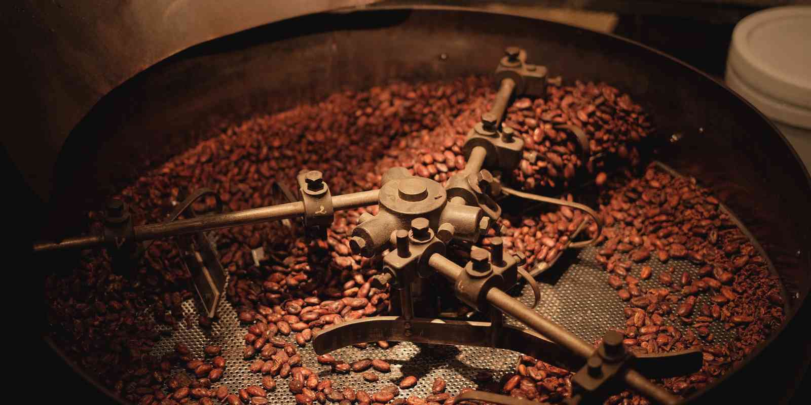Freshly roasted coffee beans turning in a roaster's cooling tray