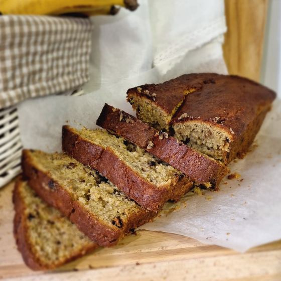 Slices of banana bread on a wooden board