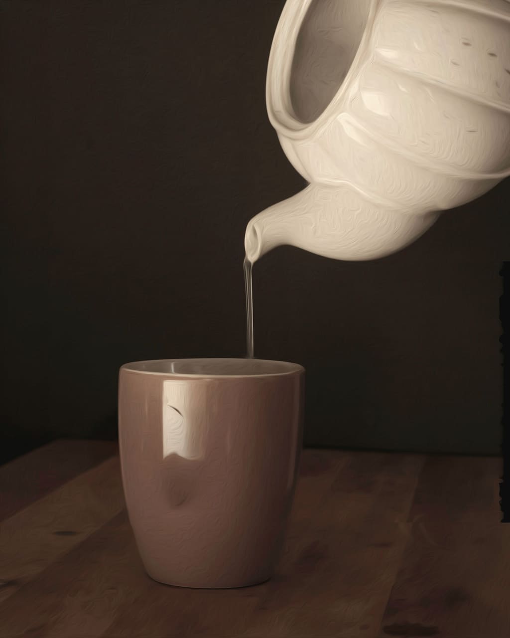 A white teapot pouring tea into a cup