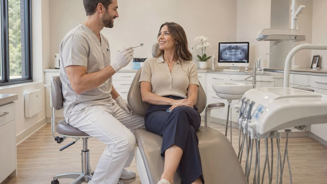 A dentist sitting on a stool chatting with a relaxed patient before treatment, in a calm sunlit surgery