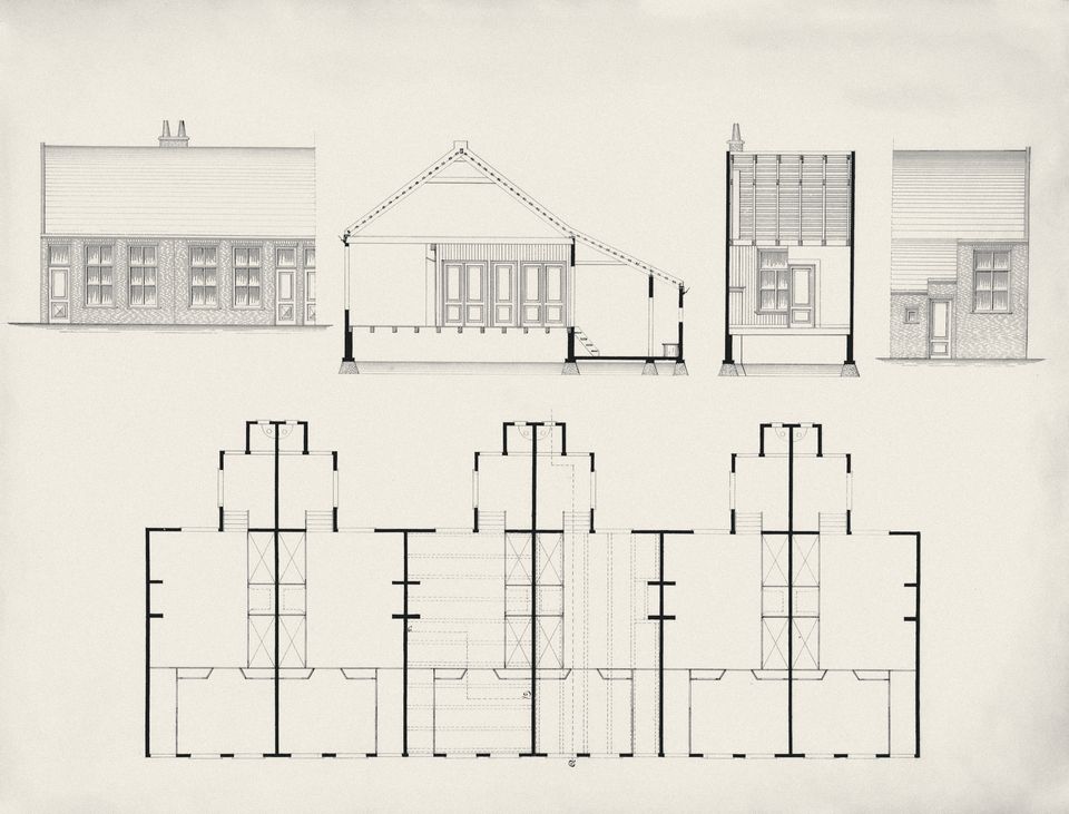 Archive architectural drawings of a house: elevations, sections and a floor plan