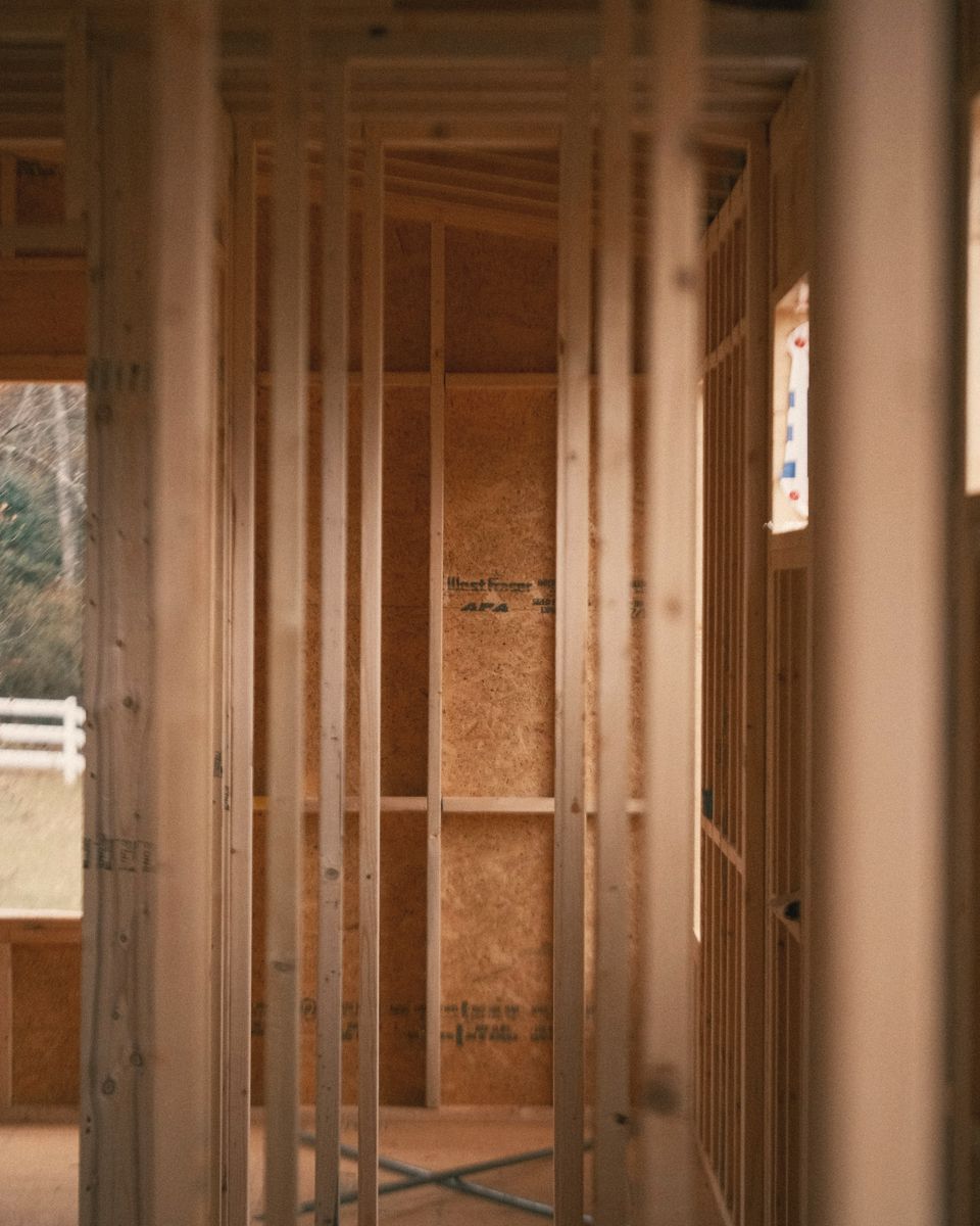 Timber stud framing inside a house under construction