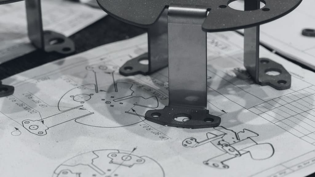 Folded stainless brackets standing on a printed engineering drawing