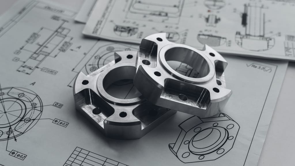 Two machined titanium-coloured end fittings resting on an engineering drawing