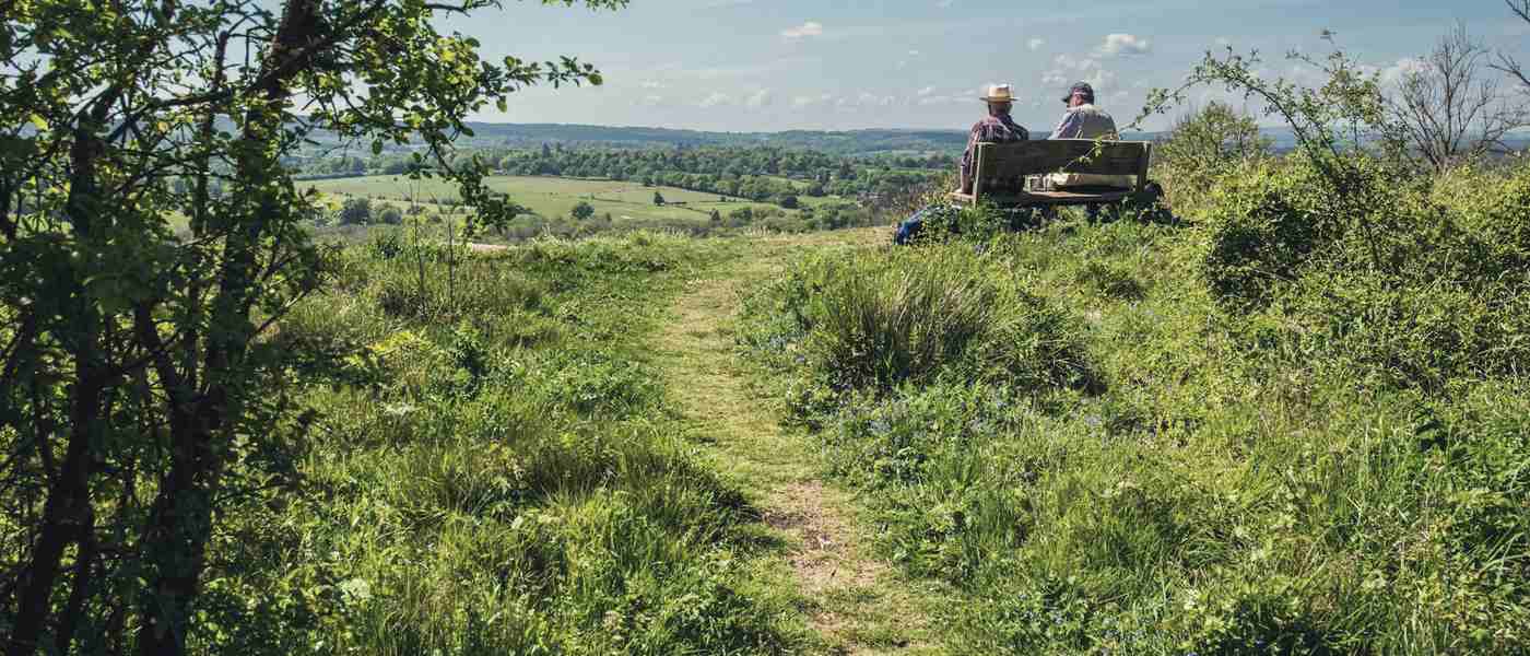 Two people on a bench on a grassy hillside, looking out over wooded countryside under a blue sky