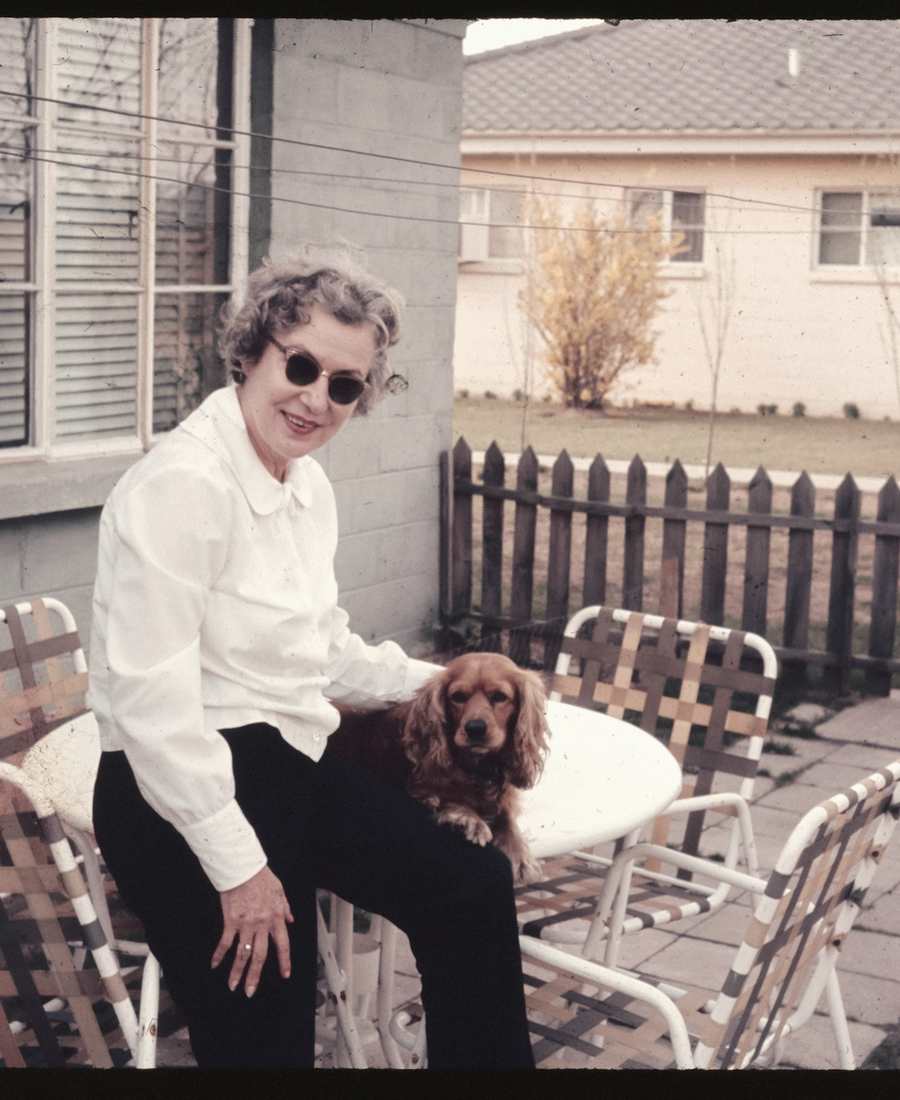 A faded colour photograph of a woman in sunglasses sitting outside with a small spaniel