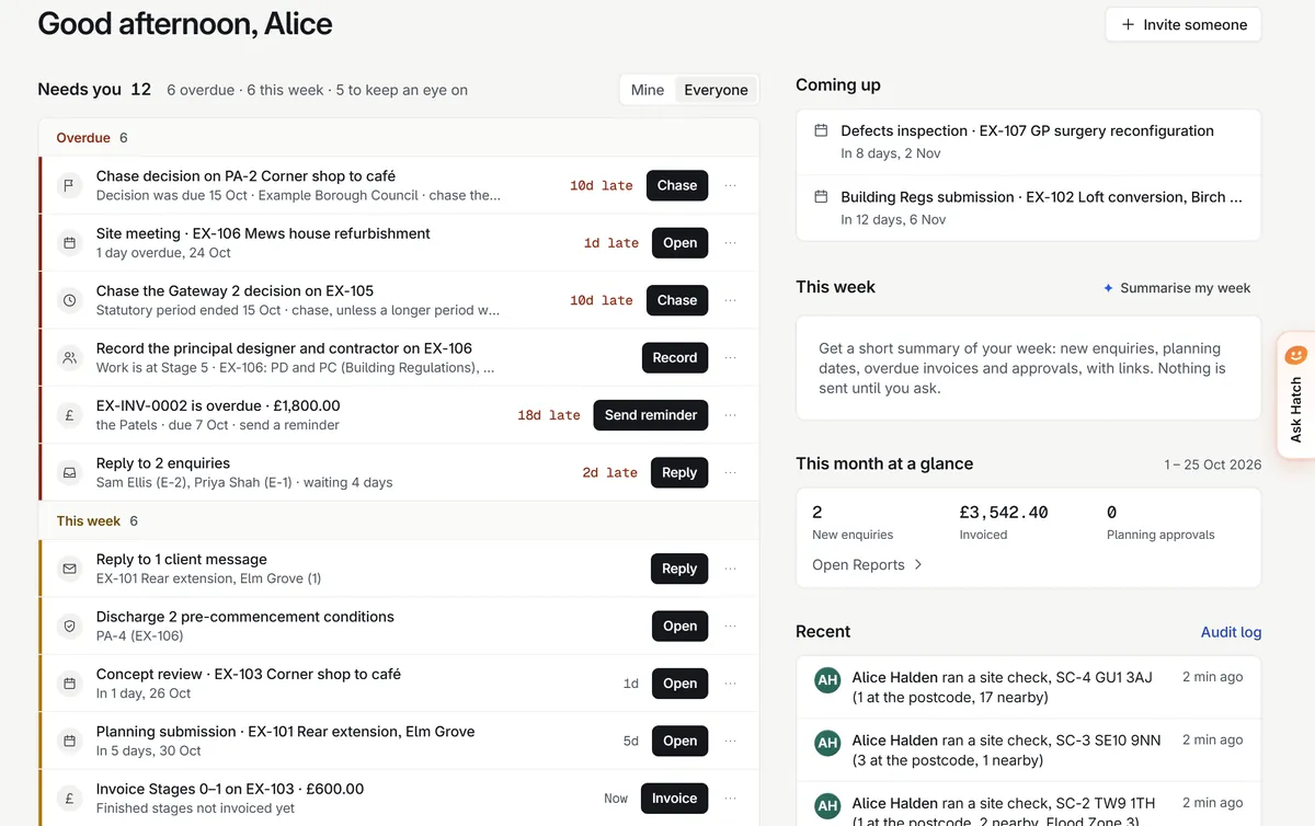 The Home screen: the Needs you list, coming up dates and a month at a glance.