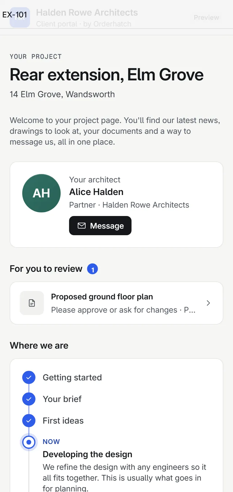 The client portal on a phone: the practice contact, an item to review and progress so far.