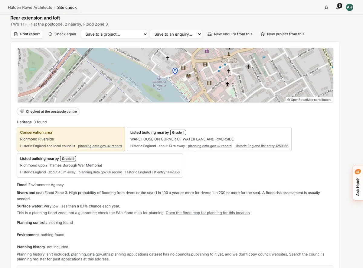 Site check results for a Richmond postcode: a conservation area, two Grade II listed buildings and Flood Zone 3.