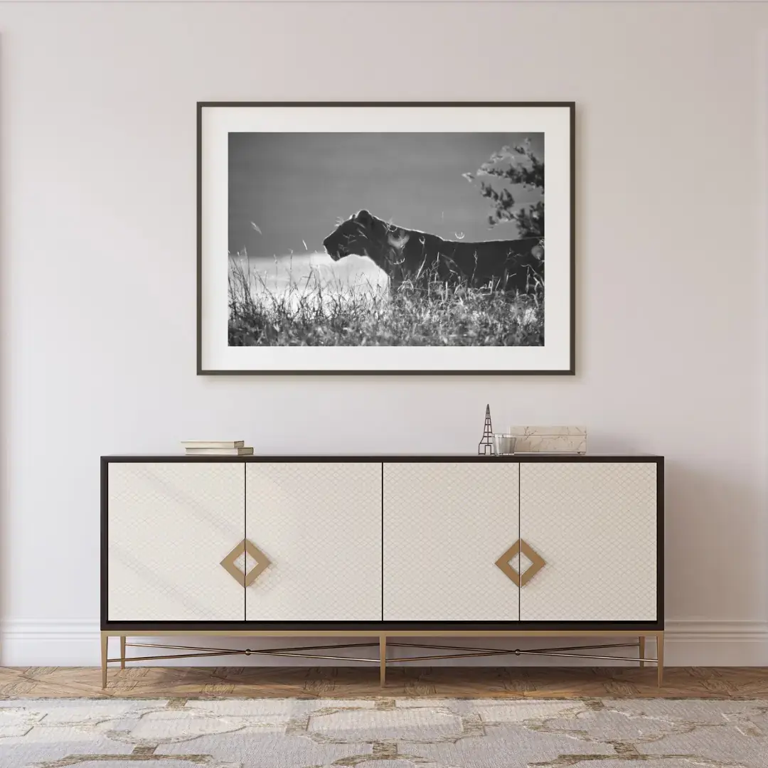 Low and Moving: room mock-up of the print (stalking), framed on a wall